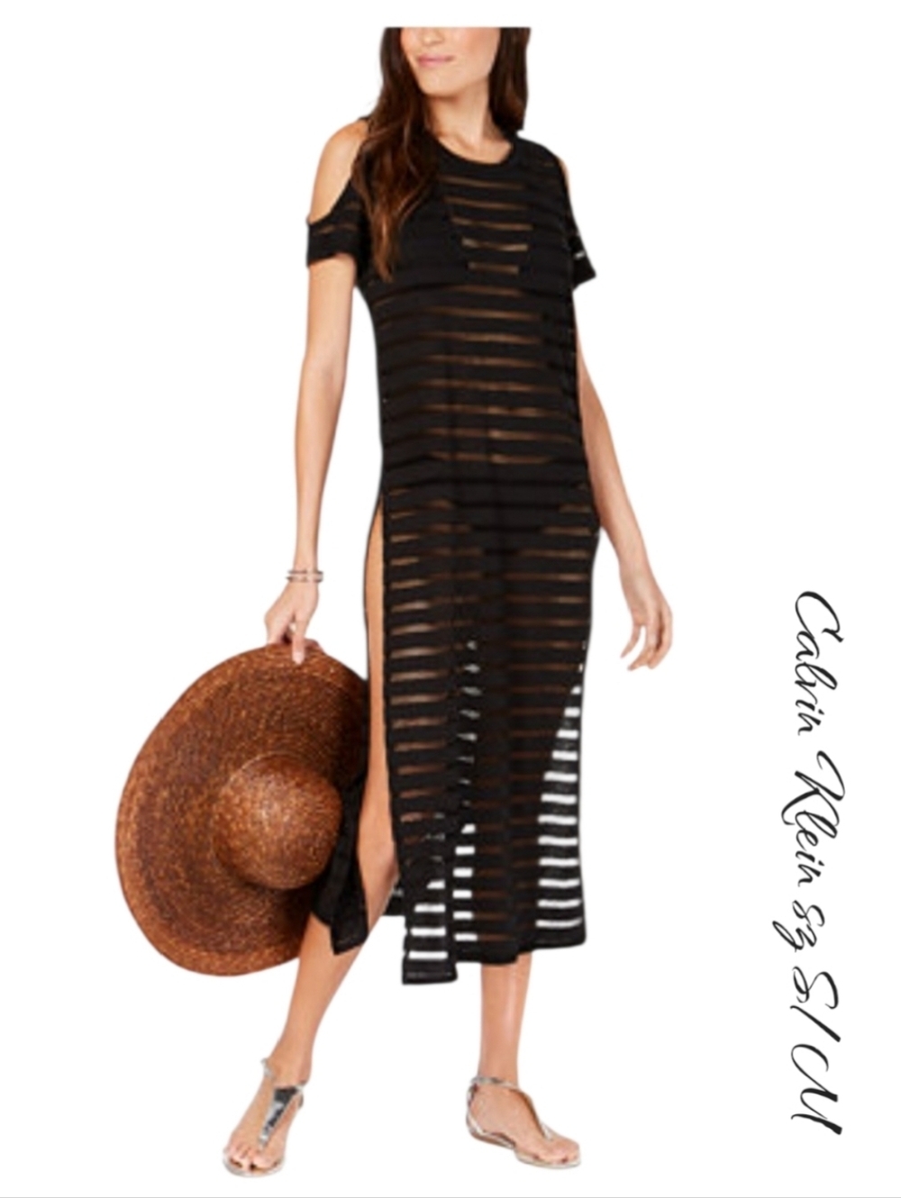 NWT Calvin Klein Black Crochet Striped Swinsuit Cover-Up sz S/M